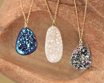 Druzy necklace, raw crystal necklace, geode druzy necklace, titanium quartz pendant, aura quartz on a 14k gold filled chain