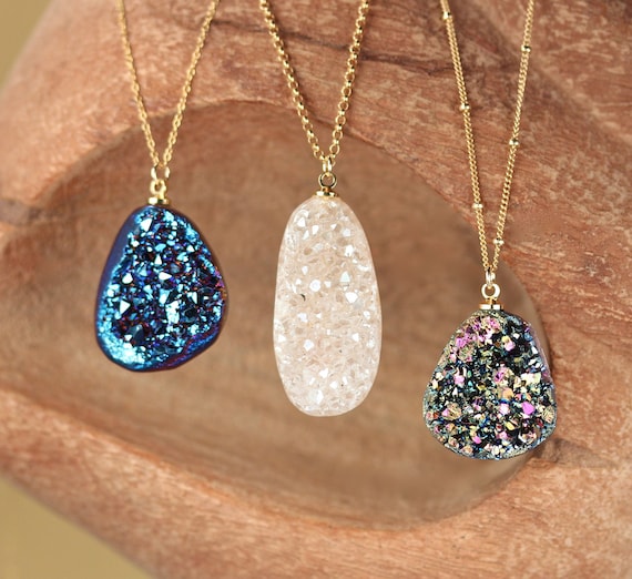 Druzy necklace, raw crystal necklace, geode druzy necklace, titanium quartz pendant, aura quartz on a 14k gold filled chain