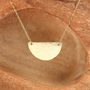 Half circle necklace, gold disc necklace, half moon necklace, minimalist, a gold vermeil semi circle hanging from a 14k gold filled chain