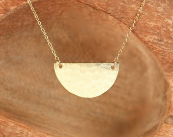 Half circle necklace, gold disc necklace, half moon necklace, minimalist, a gold vermeil semi circle hanging from a 14k gold filled chain
