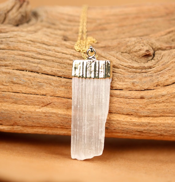 Selenite necklace, raw crystal necklace, healing crystal pendant a gold topped selenite wand on a 14k gold filled chain