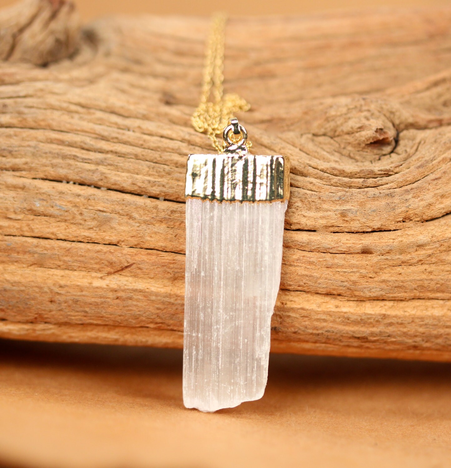 Selenite necklace raw crystal necklace healing crystal pendant a gold topped selenite wand on a 14k gold filled chain