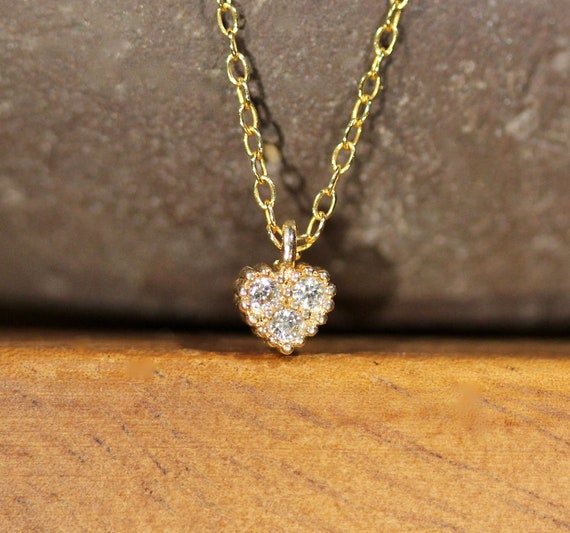 Tiny crystal necklace, tiny heart pendant, dainty CZ necklace, girlfriend gift, tiny gold heart charm, cubic zirconia necklace