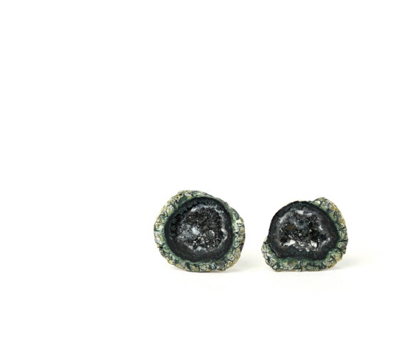 Geode earrings - druzy stud earrings - baby geode studs - a set of little green geode druzy caves set on sterling silver posts