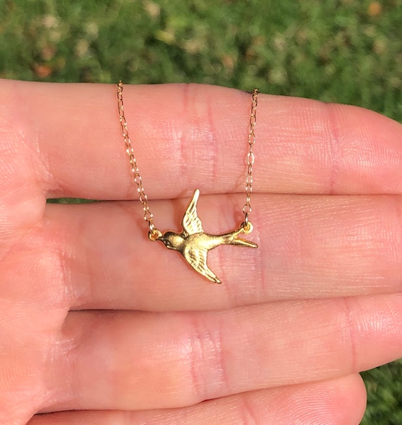 Dainty sparrow necklace, gold bird pendant, flying bird jewelry, layering necklace, feminine necklace, cute gift for her, swallow necklace