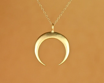 Gold crescent necklace, double horn necklace, moon necklace, hoop necklace, simple necklace, a gold vermeil horn on a 14k gold filled chain