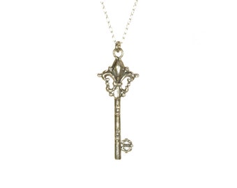 Ornate Sterling Silver Skeleton Key Necklace - Steampunk Pendant