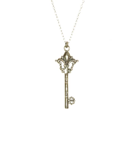 Skeleton key necklace, sterling silver key, key to my heart, fancy key pendant, gift for her, ornate key, gift for her, steampunk necklace