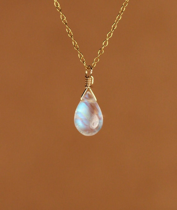 Moonstone necklace - gold moonstone - rainbow moonstone - june birthstone - a wire wrapped polished moonstone on a 14k gold filled chain