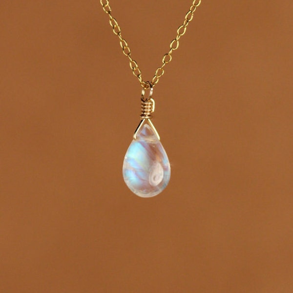 Moonstone necklace - gold moonstone - rainbow moonstone - june birthstone - a wire wrapped polished moonstone on a 14k gold filled chain