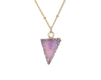 Raw crystal necklace, triangle necklace, purple druzy necklace, healing crystal jewelry, boho necklace, boho dainty layering necklace