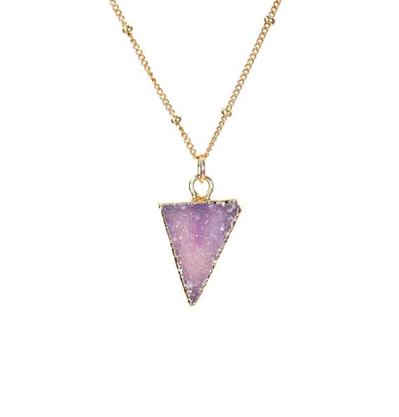 Raw crystal necklace, triangle necklace, purple druzy necklace, healing crystal jewelry, boho necklace, boho dainty layering necklace