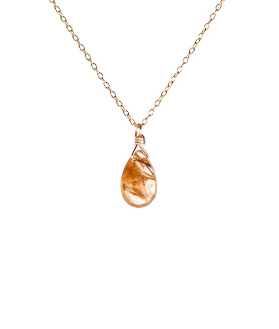 Gold Quartz Necklace: Rutilated Crystal Teardrop Pendant, 14K Gold Filled Chain