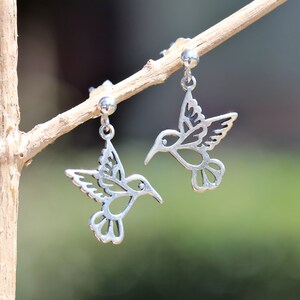 Hummingbird earrings - silver charm earrings - bird earrings - silver dot earrings - dangle earrings - hummingbird jewelry