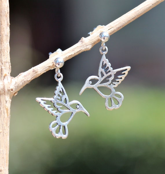 Hummingbird earrings - silver charm earrings - bird earrings - silver dot earrings - dangle earrings - hummingbird jewelry