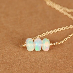 Opal necklace, fire opal, genuine opal, natural opal, three Ethiopian opals wire wrapped onto a 14k gold filled chain