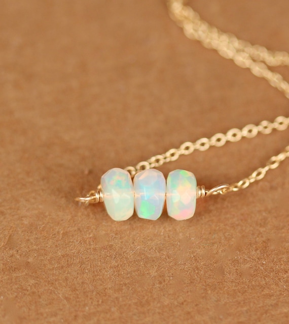 Opal necklace, fire opal, genuine opal, natural opal, three Ethiopian opals wire wrapped onto a 14k gold filled chain