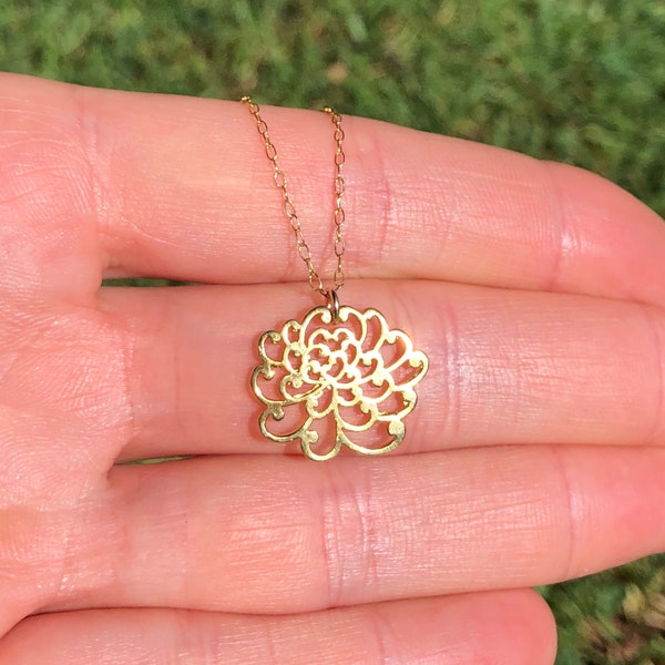 Peony necklace, blooming flower necklace, gold lotus necklace, gold flower pendant necklace, yoga necklace, nature inspired necklace