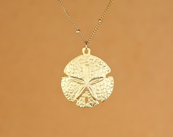 Sand dollar necklace, gold sand dollar pendant, star fish necklace, sea star jewelry, a 14k gold vermeil sanddollar on 14k gold filled chain