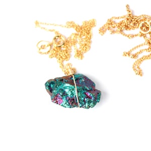 Peacock ore necklace - chalcopyrite necklace - rock necklace - mineral - a rainbow peacock ore wire wrapped onto a 14k gold vermeil chain