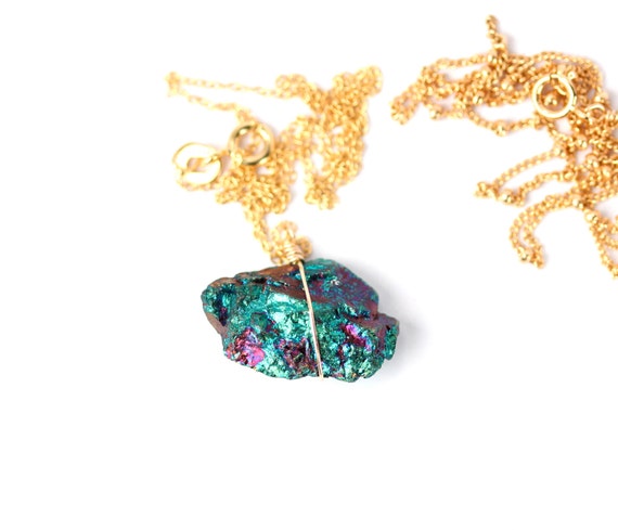 Peacock ore necklace, chalcopyrite necklace, rainbow rock necklace, mineral jewelry, 14k gold filled chain