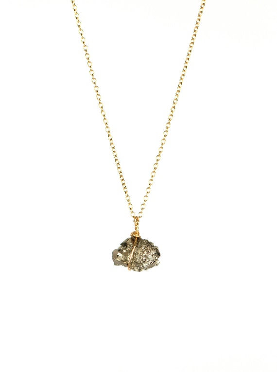 Tiny crystal necklace - rock necklace - pyrite necklace - mineral - A tiny raw pyrite nugget wire wrapped onto a 14k gold filled chain