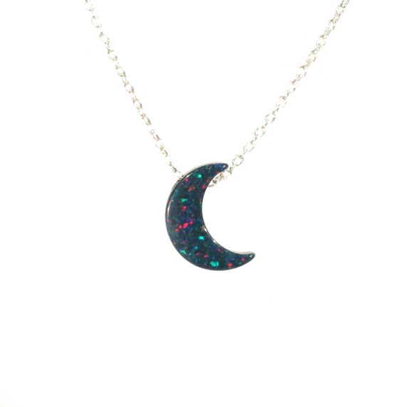 Moon necklace, black opal moon necklace, crescent moon jewelry, celestial necklace, fire opal, half moon on a sterling silver chain