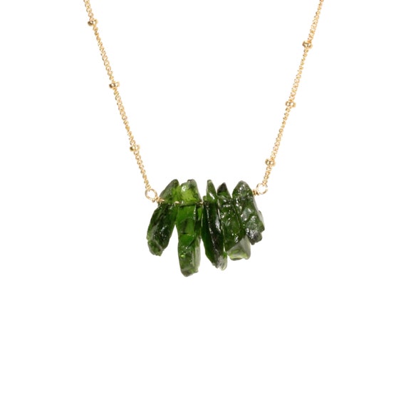 Chrome diopside necklace, row of raw crystals, green crystal necklace, bar necklace, healing crystal necklace, 14k gold filled chain