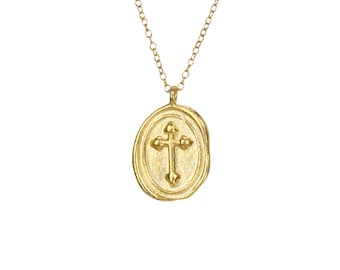 Gold Cross Necklace, Holy Trinity Cross pendant, religious catholic cross, dainty 14k gold filled chain