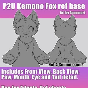 Puede incluir: Una ilustración digital de una base de personaje kemono de zorro en vista frontal y posterior. La base incluye detalles para las patas, la boca, los ojos y la cola. El texto "Not A Commission!" está incluido en la imagen.