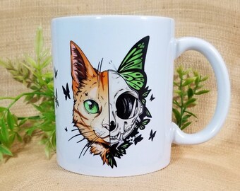 Malachite cat ceramic mug - gift coffee mug kitten kitty cat butterfly moth animal wildcat pet wildlife skull skeleton