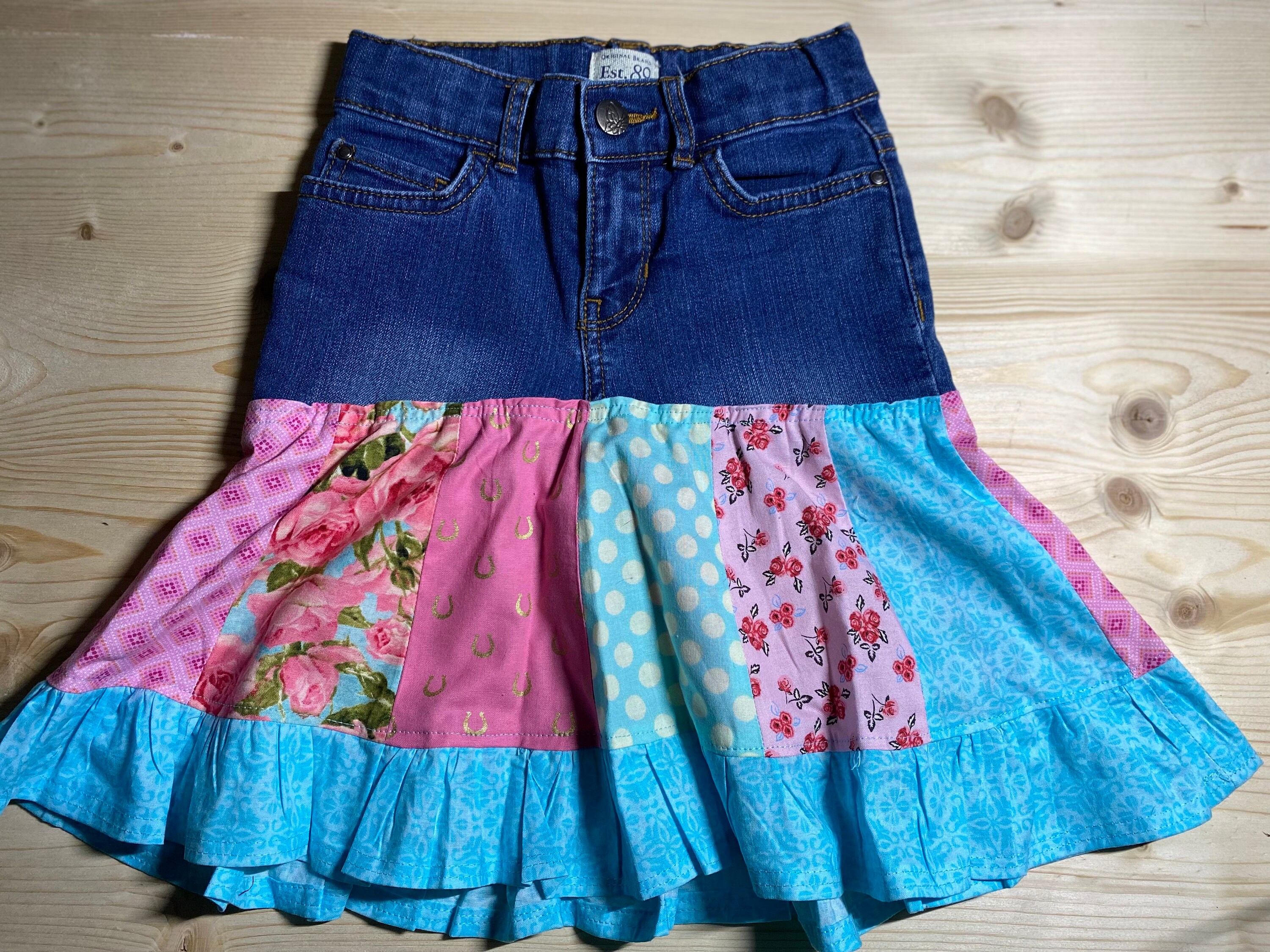 Upcycled Girls Kids Denim Ruffled Skirt Horseshoe Floral and Dots Toddler Girls Size 6X 7 Etsy