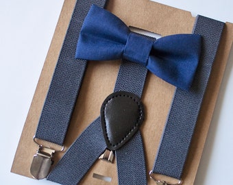 Gray Suspenders Navy Bow Tie for Ring Bearer Gift, Groomsmen, Weddings, Boys First Birthday, Easter, Cake Smash,Infant-Adult sizes