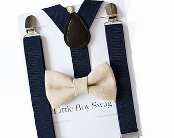 Cyber Monday Country Burlap Beige Bow Tie Navy Blue Suspenders- Man's Navy Suspenders, Rustic Ring Bearer Outfit, First Birthday Outfit Boys