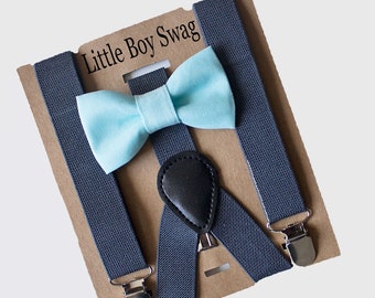 Mint Bow Tie Charcoal Gray Suspenders for Weddings, Boys First Birthday, Easter, Ring Bearer Gift, Groomsmen, Cake Smash,Infant-Adult sizes