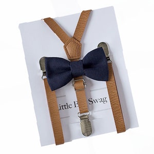 Ring Bearer Outfit, Boys Beige Leather Suspenders and Navy Bow Tie, Boys Suits, Boys Wedding Outfit, Boys Wedding Suspenders