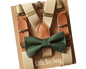 Rustic Boy Hunter Green Bow Tie & Khaki Leather Suspenders for Wedding Outfits, Ring Bearer/Page Boy, First Birthday, Cake Smash,Boys Gift