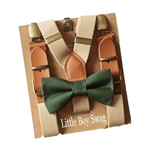 Rustic Boy Hunter Green Bow Tie & Khaki Leather Suspenders for Wedding Outfits, Ring Bearer/Page Boy, First Birthday, Cake Smash,Boys Gift