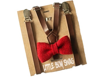 Rustic Red Burlap Bow Tie Leather Suspenders Coffee Brown, Ring Bearer/Page Boy Outfit,Barn/Country Wedding, Boys 1st Birthday, Boys Gift