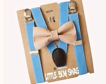 Boy Wedding Khaki Bow Tie & Blue Suspenders for Infants, Toddlers- Cake Smash Outfit, 1st Birthday, Ring Bearer, Gifts for Baby Shower