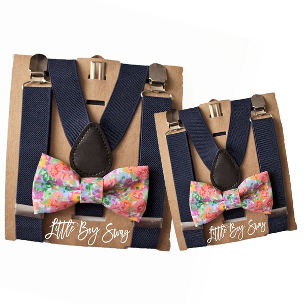 Father/Grandpa Gift, Granddad/Dad Son Matching Blue Floral Bow Tie & Navy Suspenders, Daddy Son Twinning, Toddler-Adult Bow Tie