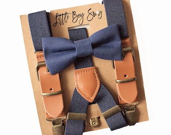 Navy Bow Tie Leather Buckle Suspenders Set, Toddler To Adult. PERFECT For Ring Bearers/Page Boy, 1st Birthday Boy, Cake Smash, Family Photos