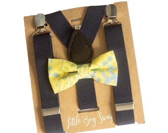 Groomsmen Floral Citrin Yellow Bow Tie Navy Blue Suspender Outfit, Ring Bearer/Page Boy Outfit, Infant-Toddler to Adult Sizes, Gift for Men
