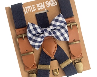 Rustic Navy Gingham Bow Tie & Leather Suspenders for Wedding Outfits, Ring Bearer/Page Boy, Boy First Birthday, Rustic Cake Smash,Boys Gift