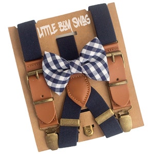 Rustic Navy Gingham Bow Tie & Leather Suspenders for Wedding Outfits, Ring Bearer/Page Boy, Boy First Birthday, Rustic Cake Smash,Boys Gift image 1