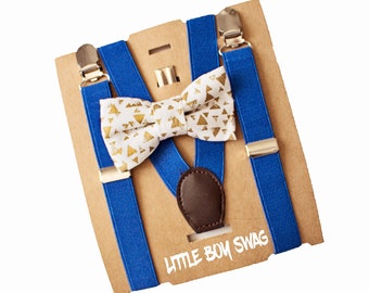 Ring Bearer Rehearsal Outfit - Gold Bow Tie & Royal Blue Suspenders, Boys First Birthday, Baby Shower Gift, Newborn Gift, Cake Smash Outfit