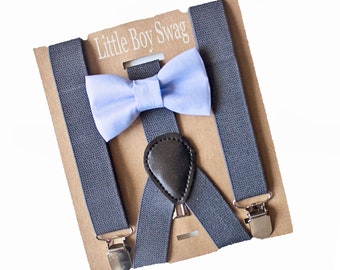 Dusty Blue Bow Tie Charcoal Gray Suspenders- Infant-Adult Sizes for Weddings, Ring Bearer Gift, Groomsmen,Boys 1st Birthday,Baby Shower Gift