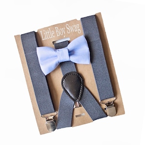 Dusty Blue Bow Tie Charcoal Gray Suspenders- Infant-Adult Sizes for Weddings, Ring Bearer Gift, Groomsmen,Boys 1st Birthday,Baby Shower Gift