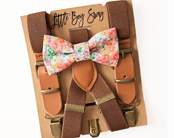 Boho Boy Floral Bow Tie & Rustic Brown Leather Suspenders for Wedding, Ring Bearer/Page Boy Outfit, Boy First Birthday, Rustic Cake Smash