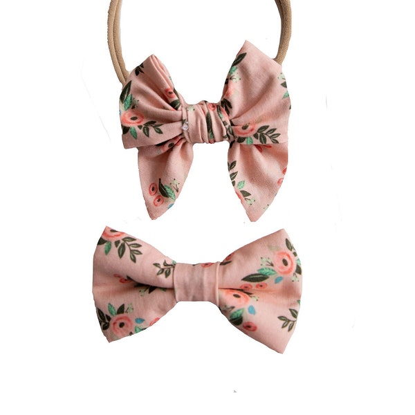 Brother Sister Matching bow Tie Top Knot Bow Headband - Peachish Blush Floral Siblings Twinning, Twins Birthday Outfit,  Gift Baby Shower